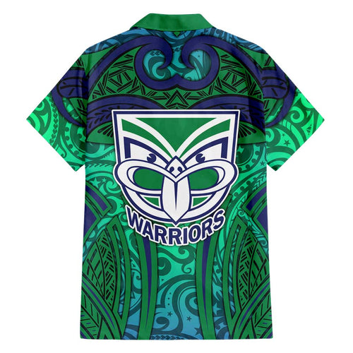 New Zealand Warriors Rugby Family Matching Short Sleeve Bodycon Dress and Hawaiian Shirt Polynesian Tribal Warrior Mask Green Blue Pattern