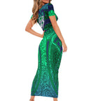 New Zealand Warriors Rugby Family Matching Short Sleeve Bodycon Dress and Hawaiian Shirt Polynesian Tribal Warrior Mask Green Blue Pattern