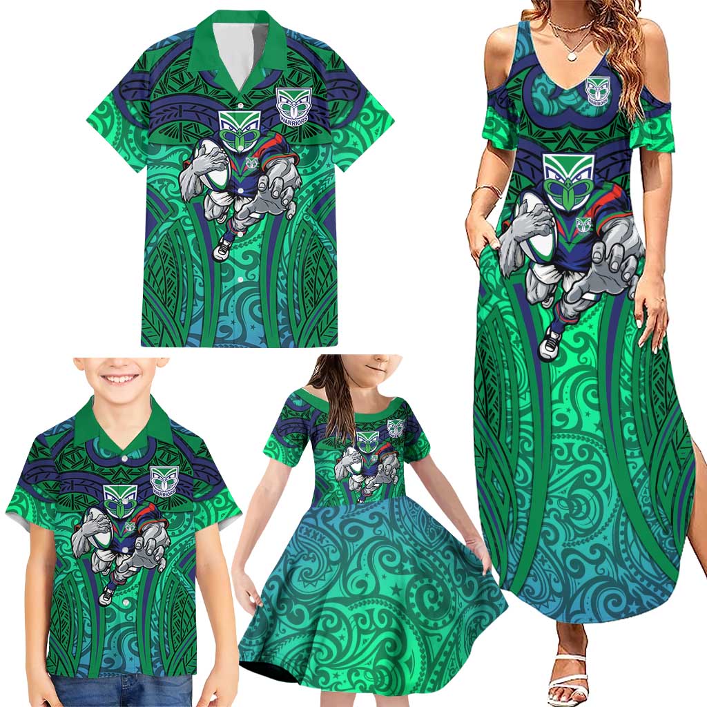 New Zealand Warriors Rugby Family Matching Summer Maxi Dress and Hawaiian Shirt Polynesian Tribal Warrior Mask Green Blue Pattern