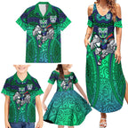 New Zealand Warriors Rugby Family Matching Summer Maxi Dress and Hawaiian Shirt Polynesian Tribal Warrior Mask Green Blue Pattern