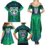 New Zealand Warriors Rugby Family Matching Summer Maxi Dress and Hawaiian Shirt Polynesian Tribal Warrior Mask Green Blue Pattern