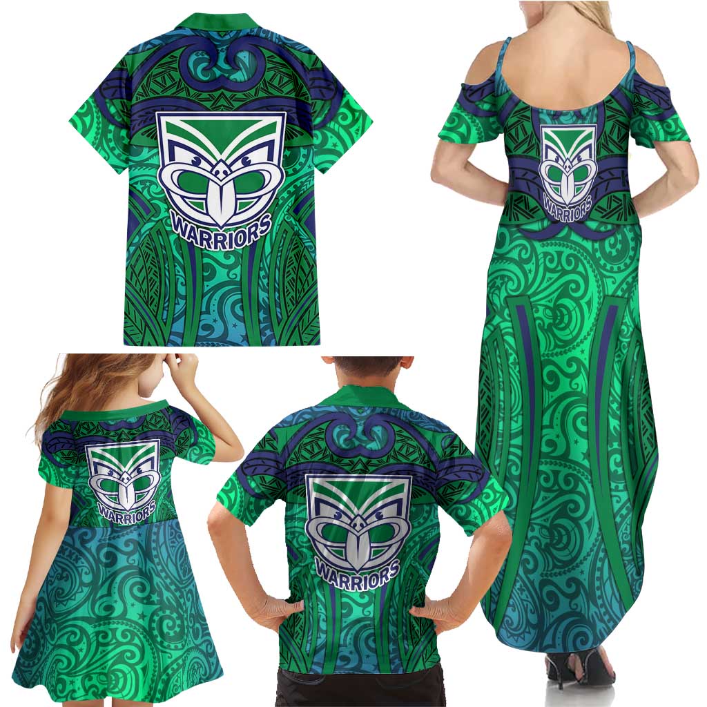 New Zealand Warriors Rugby Family Matching Summer Maxi Dress and Hawaiian Shirt Polynesian Tribal Warrior Mask Green Blue Pattern