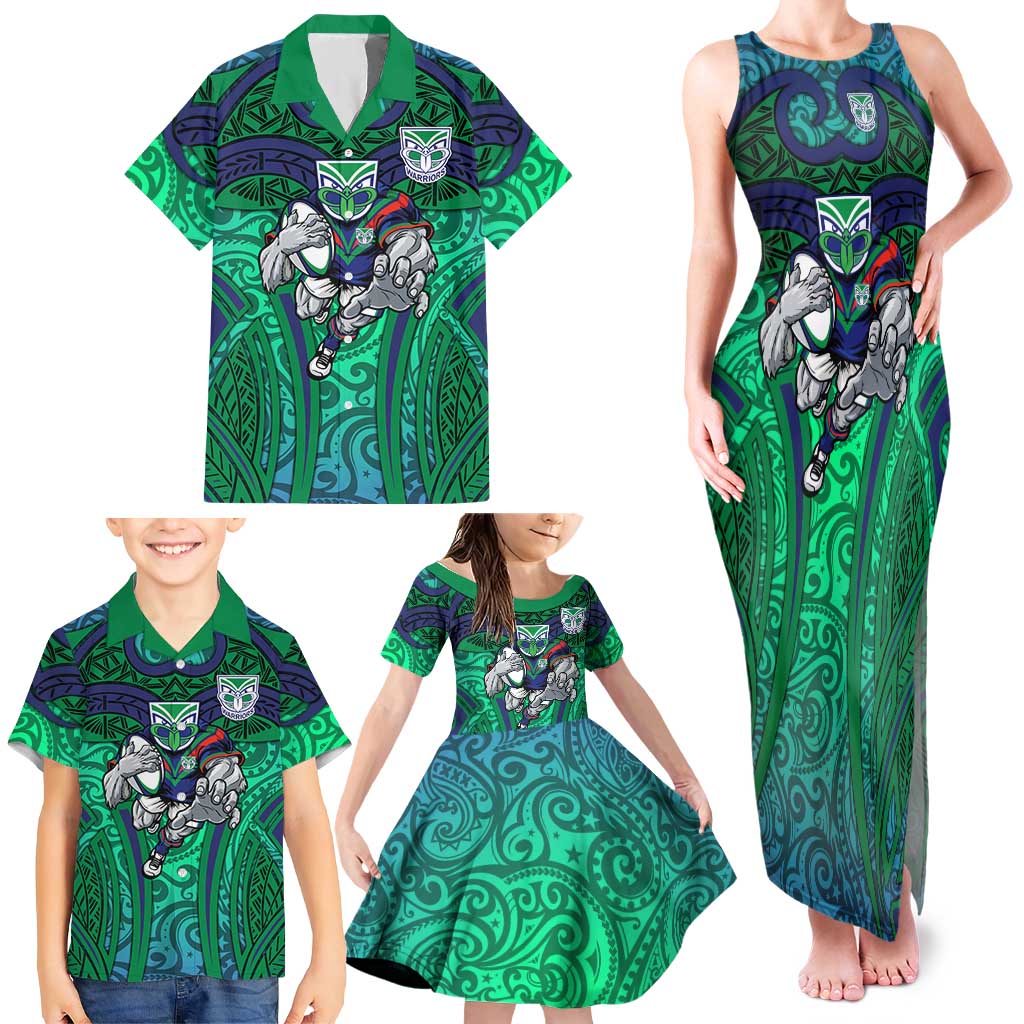 New Zealand Warriors Rugby Family Matching Tank Maxi Dress and Hawaiian Shirt Polynesian Tribal Warrior Mask Green Blue Pattern