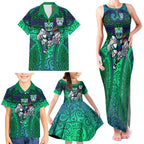 New Zealand Warriors Rugby Family Matching Tank Maxi Dress and Hawaiian Shirt Polynesian Tribal Warrior Mask Green Blue Pattern