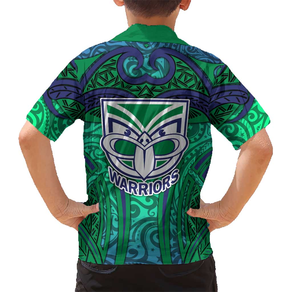 New Zealand Warriors Rugby Family Matching Tank Maxi Dress and Hawaiian Shirt Polynesian Tribal Warrior Mask Green Blue Pattern