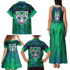 New Zealand Warriors Rugby Family Matching Tank Maxi Dress and Hawaiian Shirt Polynesian Tribal Warrior Mask Green Blue Pattern