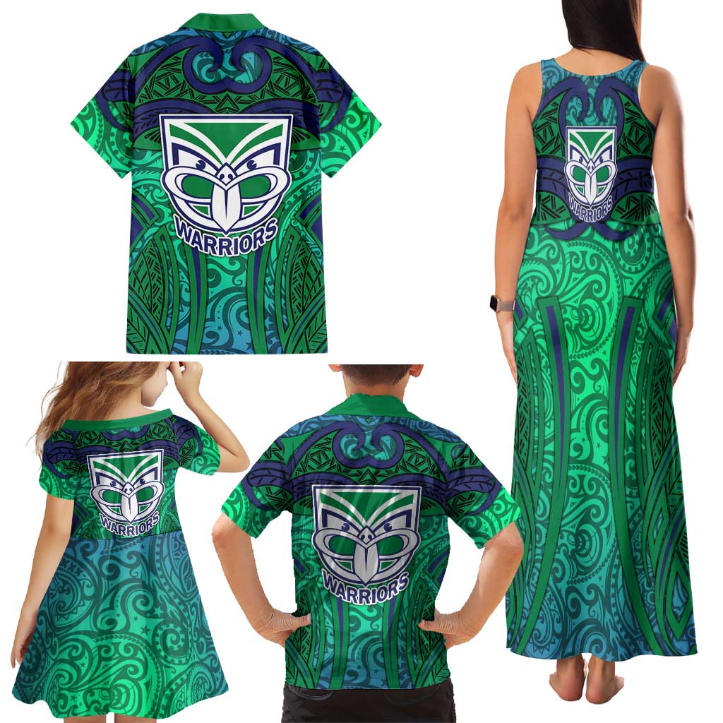 New Zealand Warriors Rugby Family Matching Tank Maxi Dress and Hawaiian Shirt Polynesian Tribal Warrior Mask Green Blue Pattern
