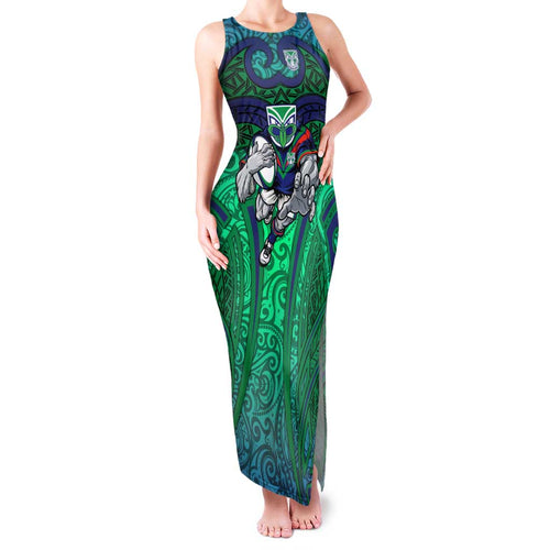 New Zealand Warriors Rugby Family Matching Tank Maxi Dress and Hawaiian Shirt Polynesian Tribal Warrior Mask Green Blue Pattern