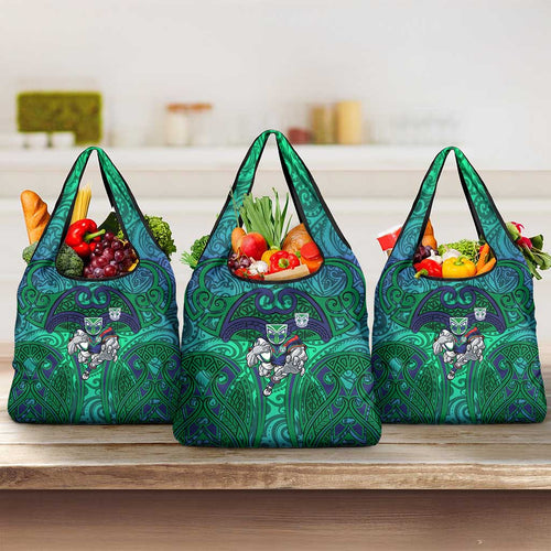 New Zealand Warriors Rugby Grocery Bag Polynesian Tribal Warrior Mask Green Blue Pattern