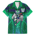 New Zealand Warriors Rugby Hawaiian Shirt Polynesian Tribal Warrior Mask Green Blue Pattern