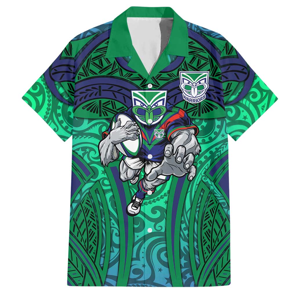 New Zealand Warriors Rugby Hawaiian Shirt Polynesian Tribal Warrior Mask Green Blue Pattern