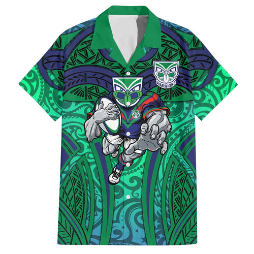 New Zealand Warriors Rugby Hawaiian Shirt Polynesian Tribal Warrior Mask Green Blue Pattern