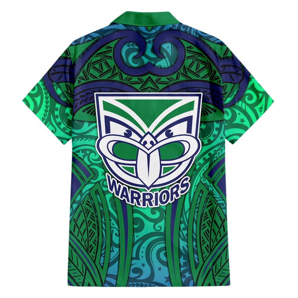 New Zealand Warriors Rugby Hawaiian Shirt Polynesian Tribal Warrior Mask Green Blue Pattern