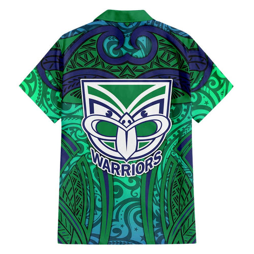 New Zealand Warriors Rugby Hawaiian Shirt Polynesian Tribal Warrior Mask Green Blue Pattern