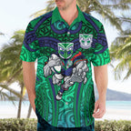 New Zealand Warriors Rugby Hawaiian Shirt Polynesian Tribal Warrior Mask Green Blue Pattern