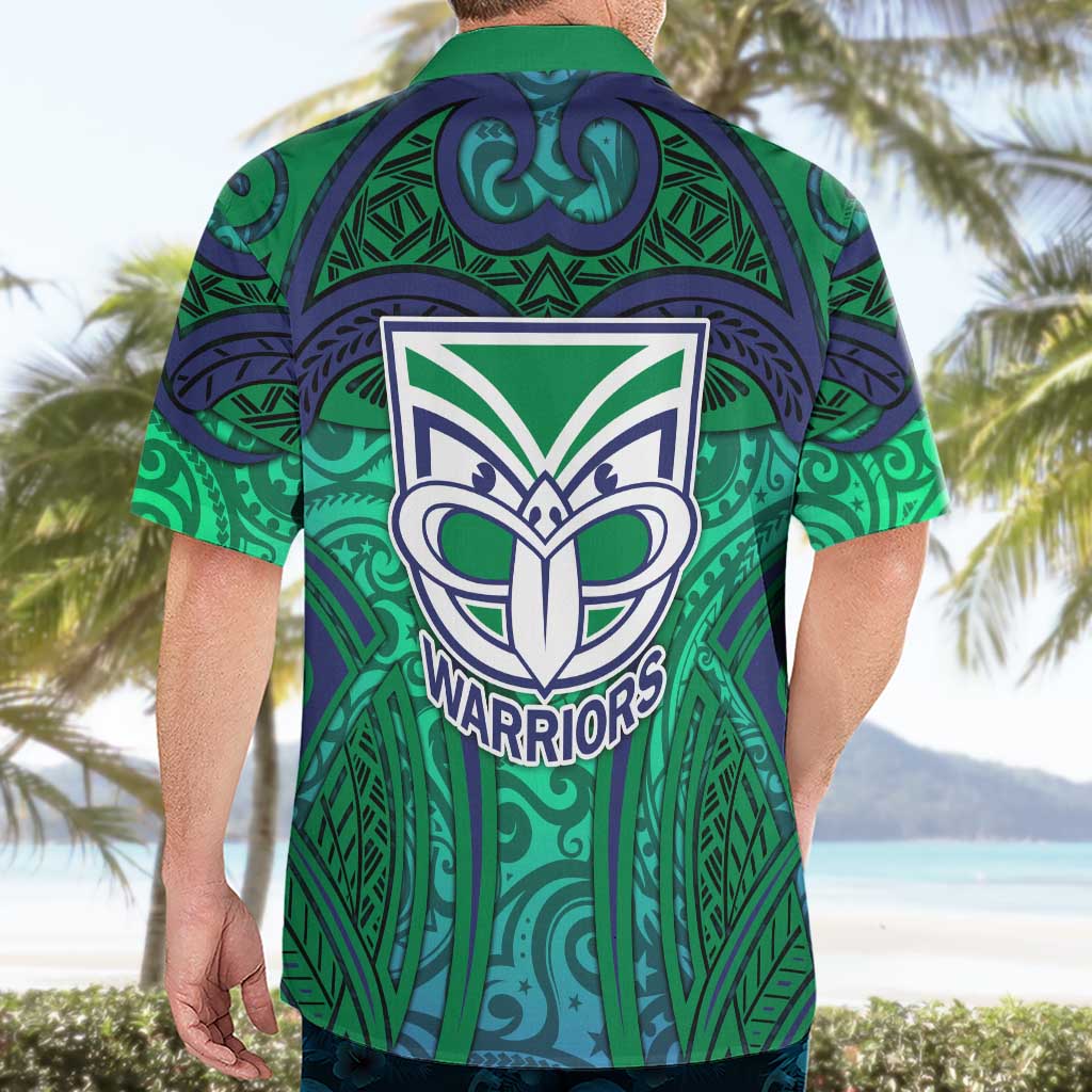 New Zealand Warriors Rugby Hawaiian Shirt Polynesian Tribal Warrior Mask Green Blue Pattern