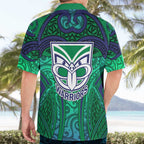 New Zealand Warriors Rugby Hawaiian Shirt Polynesian Tribal Warrior Mask Green Blue Pattern