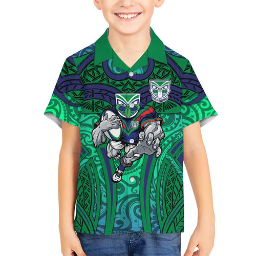New Zealand Warriors Rugby Hawaiian Shirt Polynesian Tribal Warrior Mask Green Blue Pattern