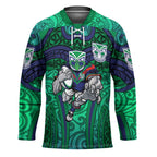 New Zealand Warriors Rugby Hockey Jersey Polynesian Tribal Warrior Mask Green Blue Pattern