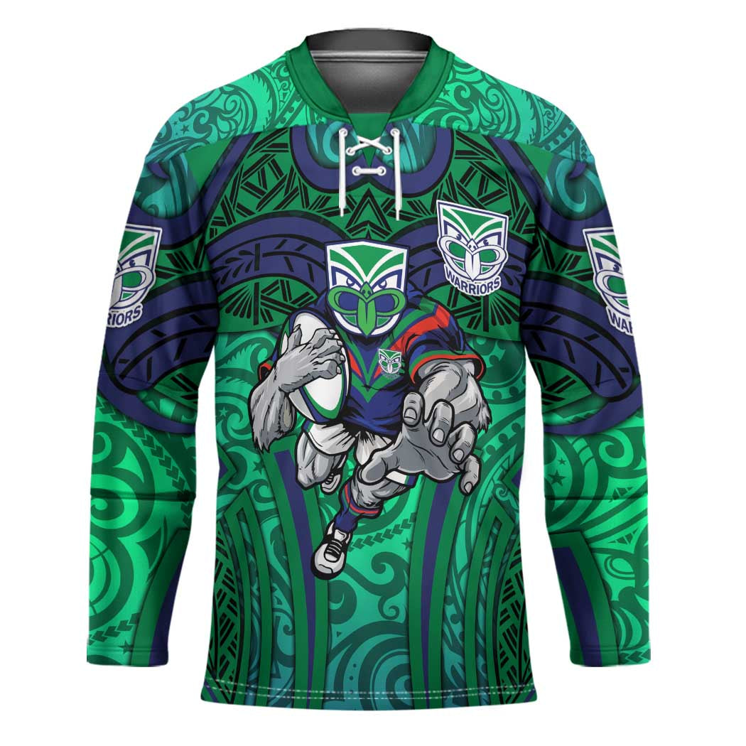 New Zealand Warriors Rugby Hockey Jersey Polynesian Tribal Warrior Mask Green Blue Pattern