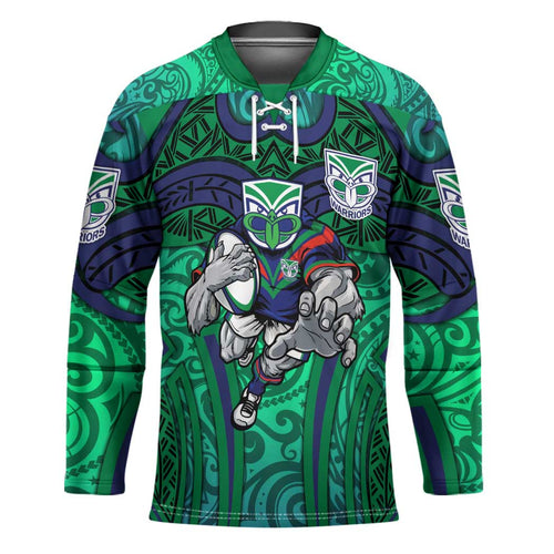 New Zealand Warriors Rugby Hockey Jersey Polynesian Tribal Warrior Mask Green Blue Pattern