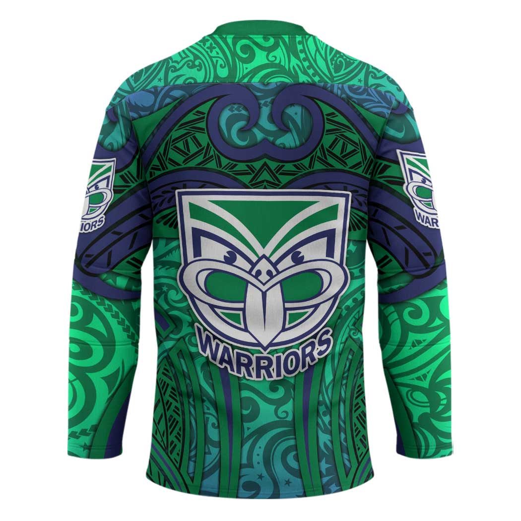 New Zealand Warriors Rugby Hockey Jersey Polynesian Tribal Warrior Mask Green Blue Pattern