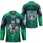 New Zealand Warriors Rugby Hockey Jersey Polynesian Tribal Warrior Mask Green Blue Pattern