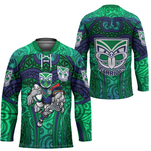 New Zealand Warriors Rugby Hockey Jersey Polynesian Tribal Warrior Mask Green Blue Pattern