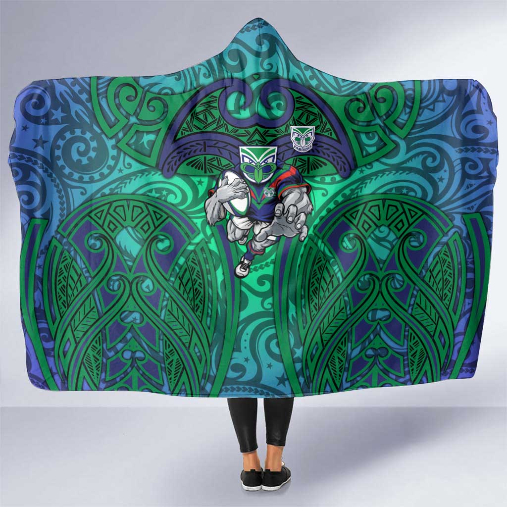 New Zealand Warriors Rugby Hooded Blanket Polynesian Tribal Warrior Mask Green Blue Pattern