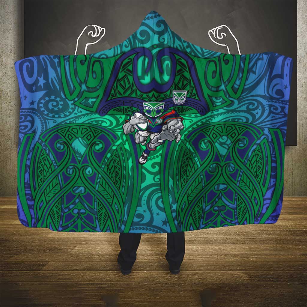 New Zealand Warriors Rugby Hooded Blanket Polynesian Tribal Warrior Mask Green Blue Pattern
