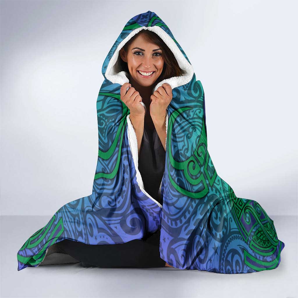 New Zealand Warriors Rugby Hooded Blanket Polynesian Tribal Warrior Mask Green Blue Pattern