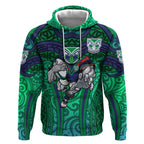 New Zealand Warriors Rugby Hoodie Polynesian Tribal Warrior Mask Green Blue Pattern