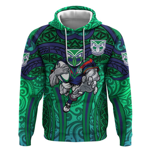New Zealand Warriors Rugby Hoodie Polynesian Tribal Warrior Mask Green Blue Pattern