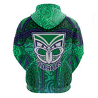 New Zealand Warriors Rugby Hoodie Polynesian Tribal Warrior Mask Green Blue Pattern