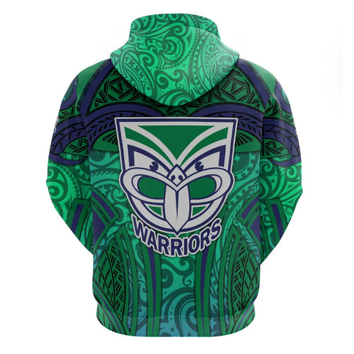 New Zealand Warriors Rugby Hoodie Polynesian Tribal Warrior Mask Green Blue Pattern