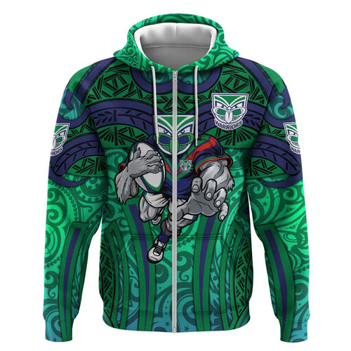 New Zealand Warriors Rugby Hoodie Polynesian Tribal Warrior Mask Green Blue Pattern