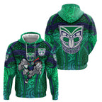 New Zealand Warriors Rugby Hoodie Polynesian Tribal Warrior Mask Green Blue Pattern