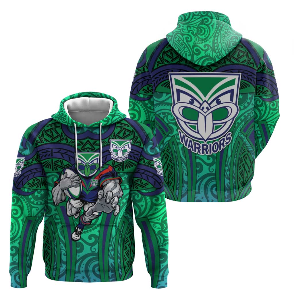 New Zealand Warriors Rugby Hoodie Polynesian Tribal Warrior Mask Green Blue Pattern