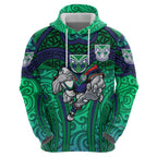 New Zealand Warriors Rugby Hoodie Polynesian Tribal Warrior Mask Green Blue Pattern