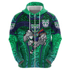 New Zealand Warriors Rugby Hoodie Polynesian Tribal Warrior Mask Green Blue Pattern