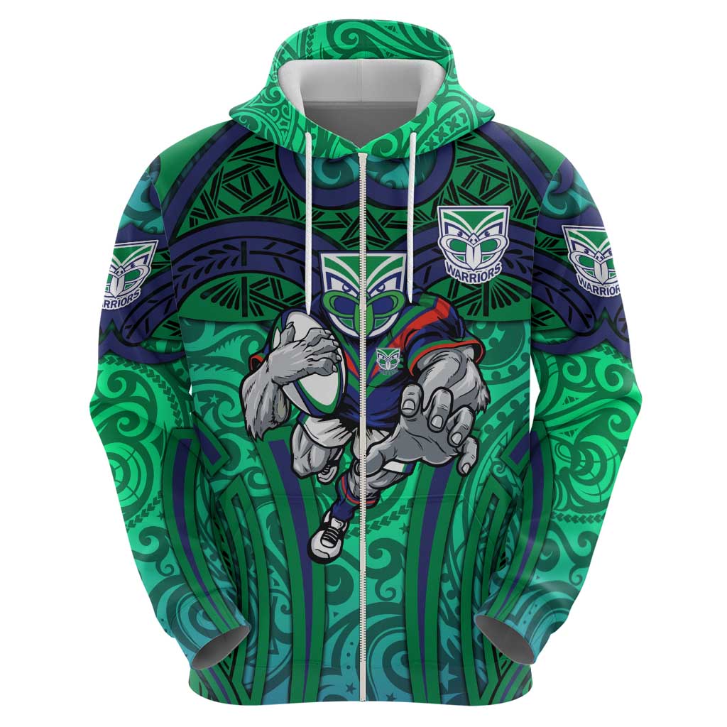 New Zealand Warriors Rugby Hoodie Polynesian Tribal Warrior Mask Green Blue Pattern