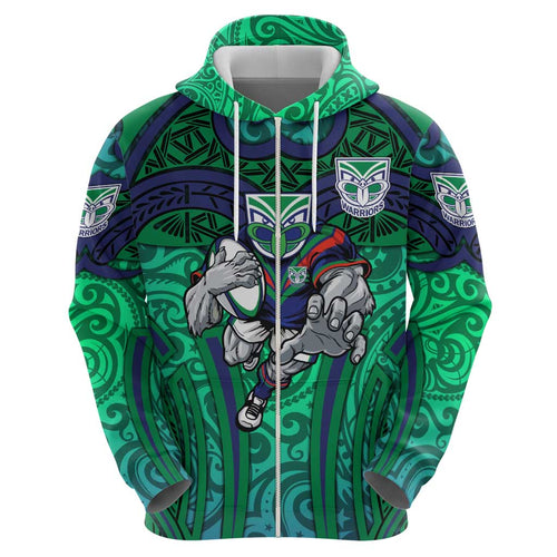 New Zealand Warriors Rugby Hoodie Polynesian Tribal Warrior Mask Green Blue Pattern