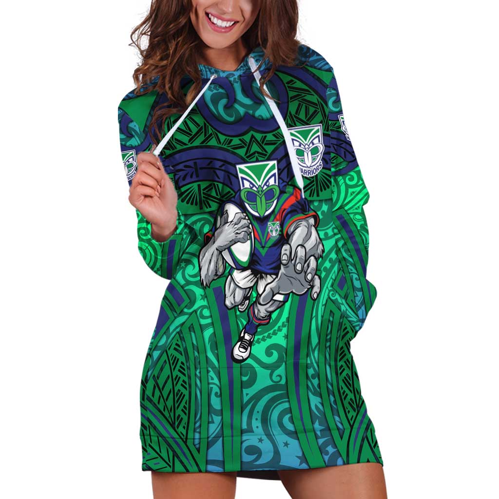 New Zealand Warriors Rugby Hoodie Dress Polynesian Tribal Warrior Mask Green Blue Pattern