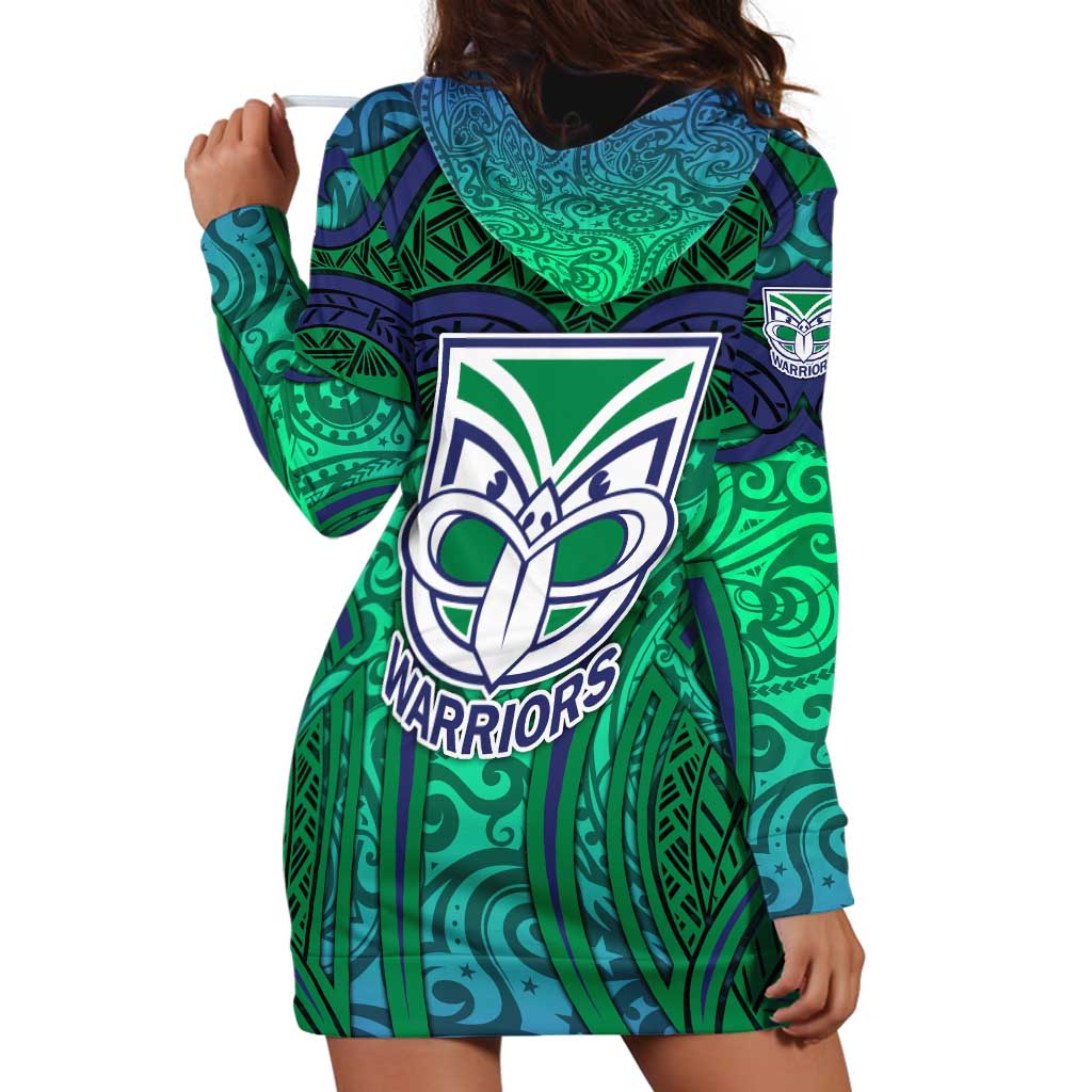 New Zealand Warriors Rugby Hoodie Dress Polynesian Tribal Warrior Mask Green Blue Pattern