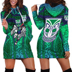 New Zealand Warriors Rugby Hoodie Dress Polynesian Tribal Warrior Mask Green Blue Pattern
