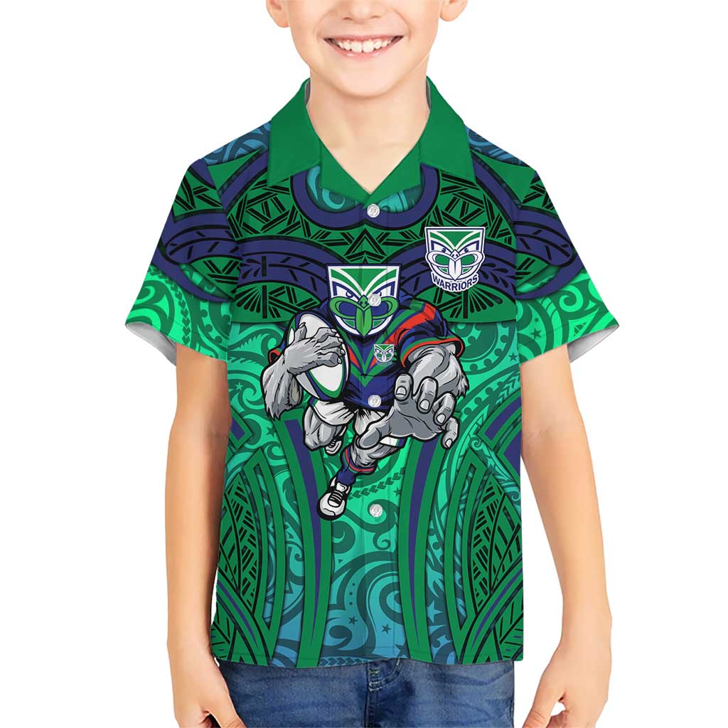 New Zealand Warriors Rugby Kid Hawaiian Shirt Polynesian Tribal Warrior Mask Green Blue Pattern