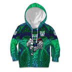 New Zealand Warriors Rugby Kid Hoodie Polynesian Tribal Warrior Mask Green Blue Pattern
