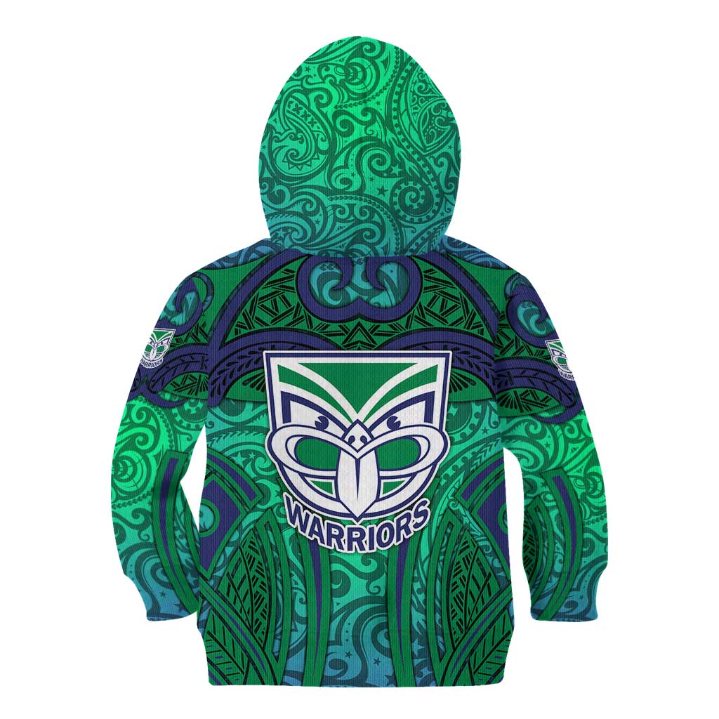 New Zealand Warriors Rugby Kid Hoodie Polynesian Tribal Warrior Mask Green Blue Pattern
