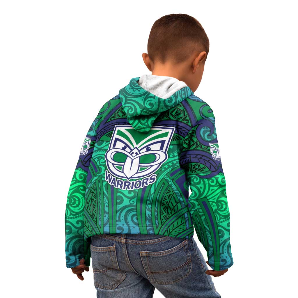 New Zealand Warriors Rugby Kid Hoodie Polynesian Tribal Warrior Mask Green Blue Pattern