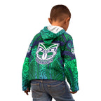 New Zealand Warriors Rugby Kid Hoodie Polynesian Tribal Warrior Mask Green Blue Pattern